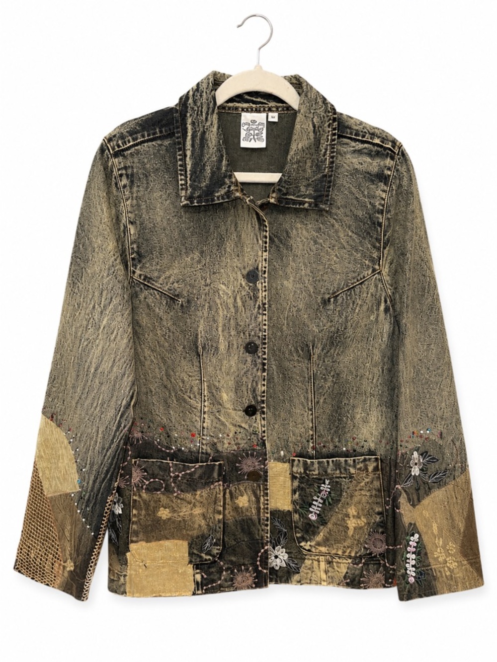 Parsley & Sage Distressed Olive Green and Gold Patchwork Jacket